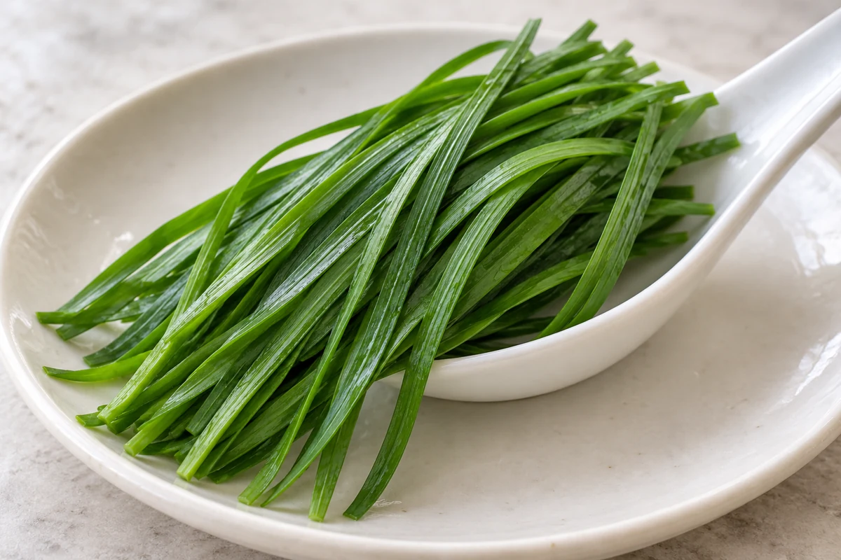 Flexible garlic-chive leaf form Narrow flexible flat chive leaves resting across a spoon