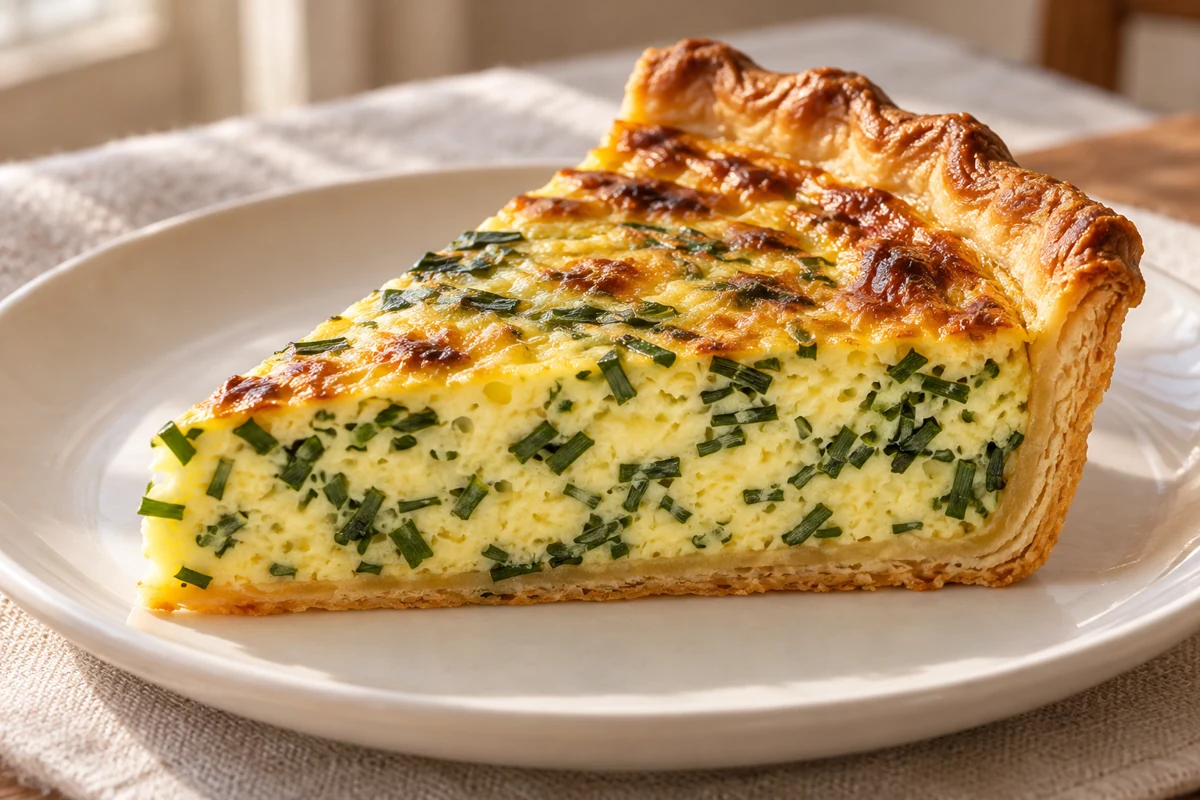 Evaluate the finished chive food Quiche slice with visible green chive pieces through the egg filling