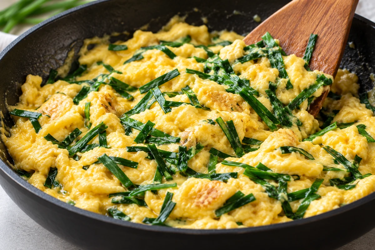 Adding garlic chives during cooking Spatula folding flat green chive cuts through eggs in a skillet