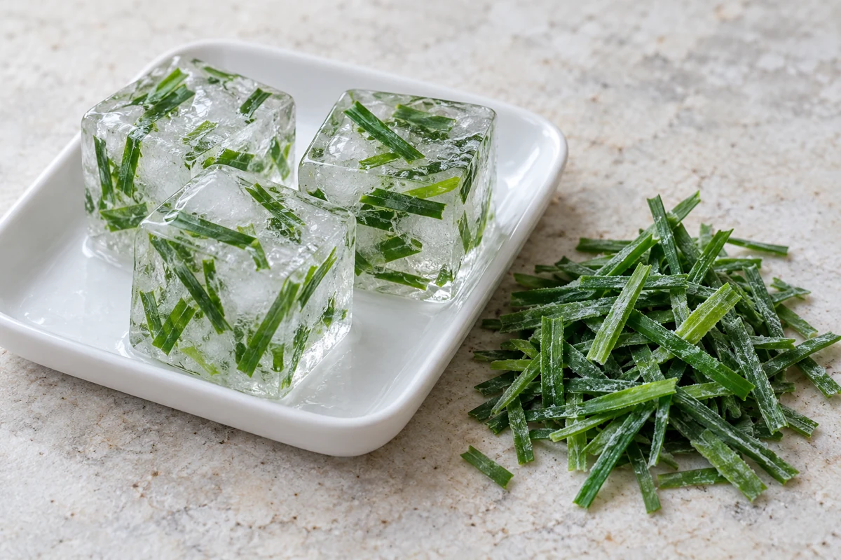 Water cubes and loose chive cuts Water ice cubes containing chive cuts beside loose frosted leaves