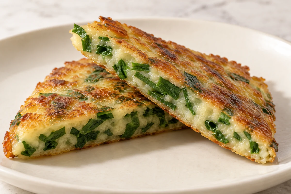 Define the pancake interior and surface Two cut pancake wedges showing batter and flat green chive leaves
