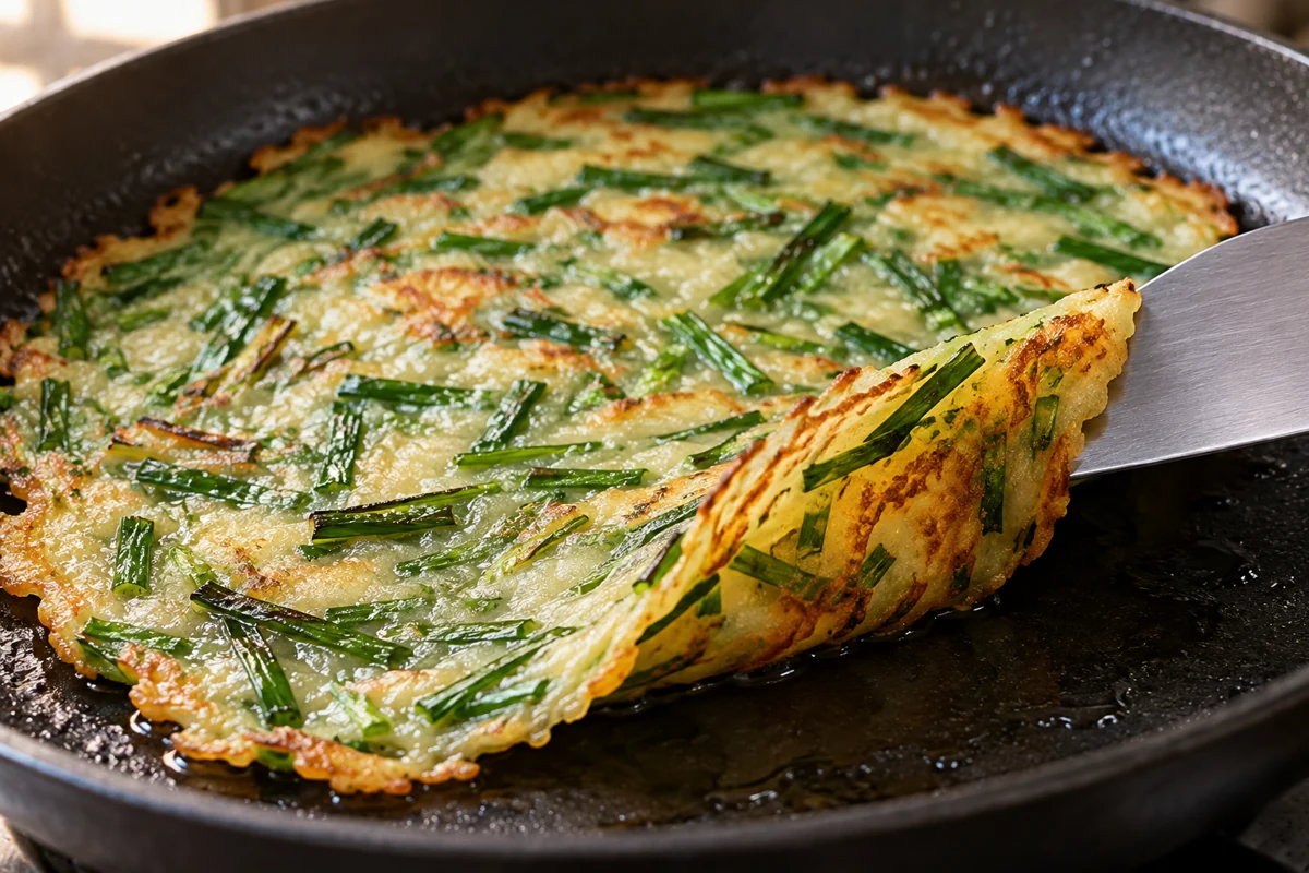 Cooking surface and pancake contact Spatula lifting a chive pancake edge to show its browned underside