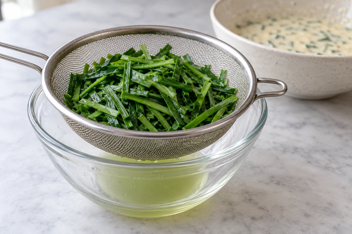 Water contribution from prepared chives Chive leaf cuts in a sieve above collected liquid with batter behind