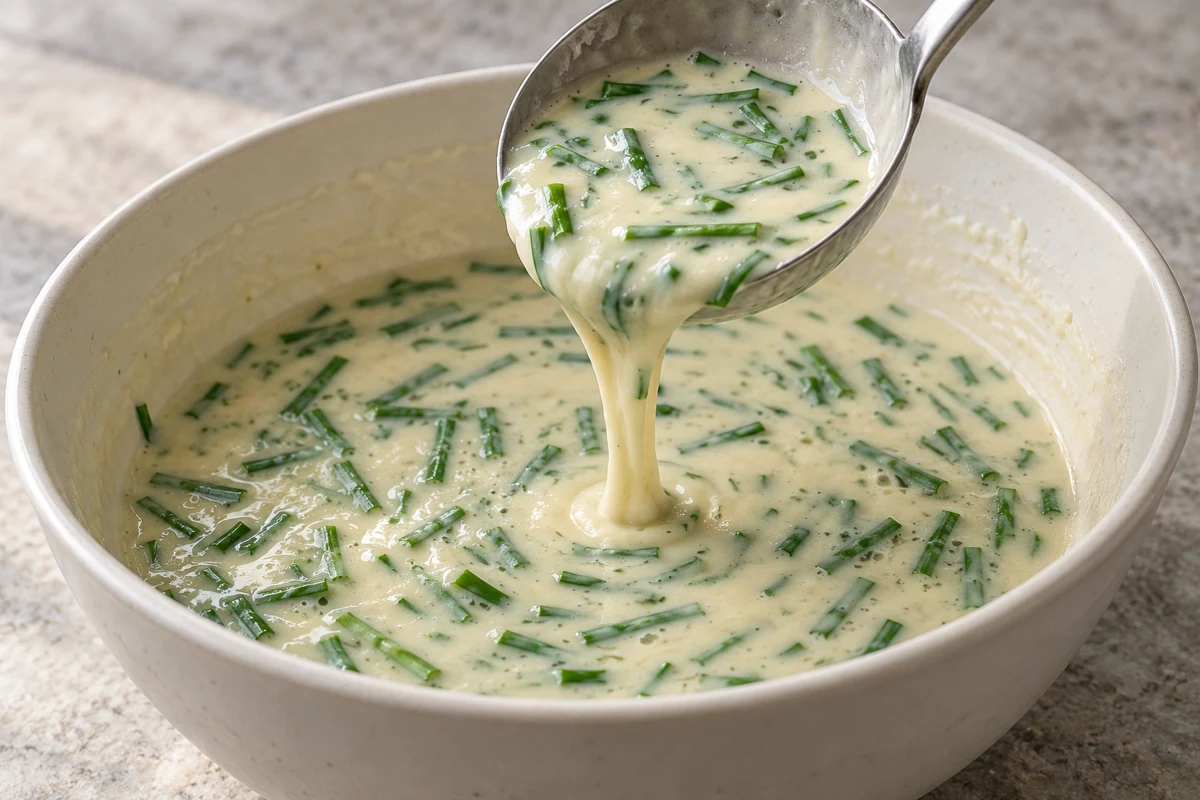 Observe batter and leaf distribution Ladle pouring a ribbon of chive-filled batter into a bowl