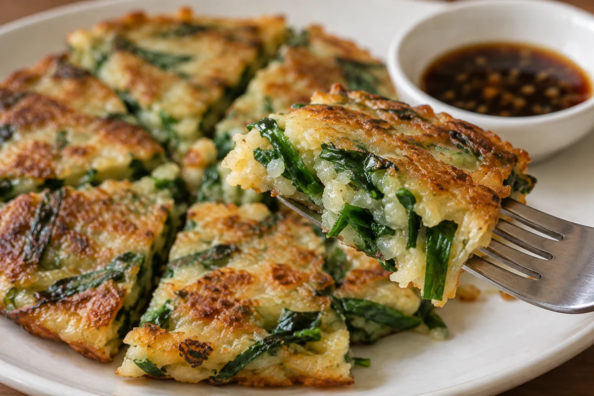 Evaluate the intended pancake serving Fork holding a chive pancake bite near a plate and dipping sauce