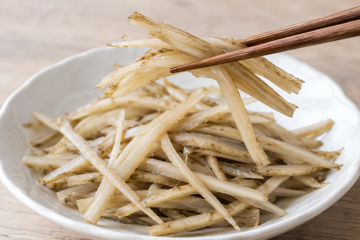 Chopsticks lifting cooked burdock strips from a bowl Chopsticks lifting cooked burdock strips from a bowl