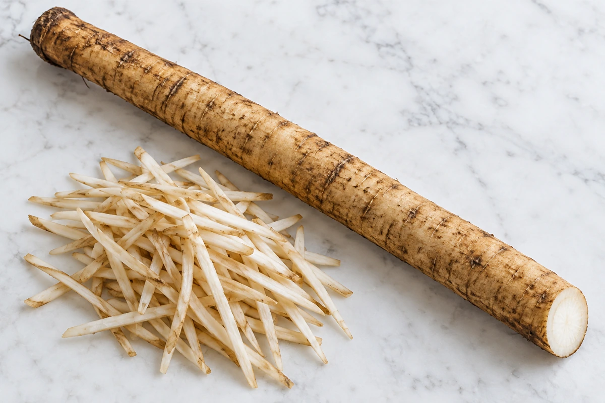 Burdock root segment beside a loose pile of pale cut strips Burdock root segment beside a loose pile of pale cut strips
