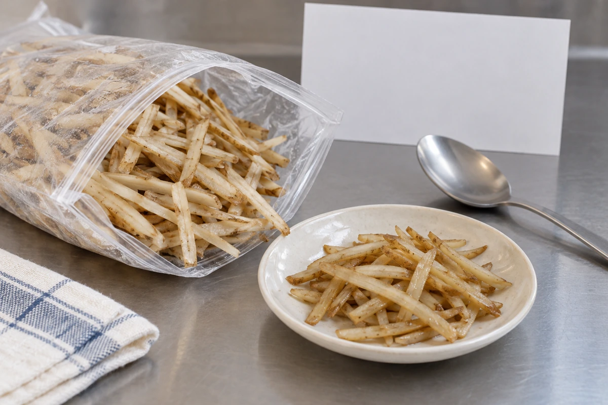 Clear bag of cut burdock strips beside a plated cooked portion Clear bag of cut burdock strips beside a plated cooked portion
