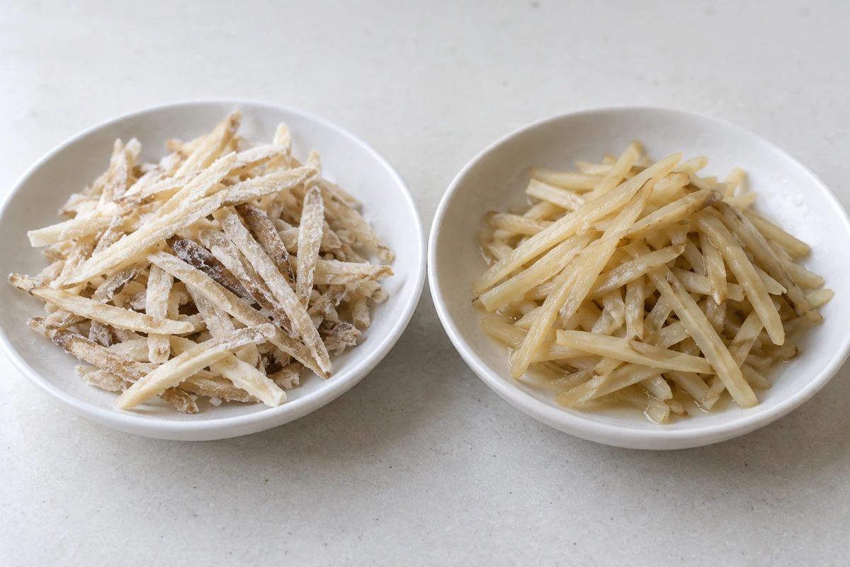 Frosted burdock strips beside a separate bowl of cooked strips Frosted burdock strips beside a separate bowl of cooked strips