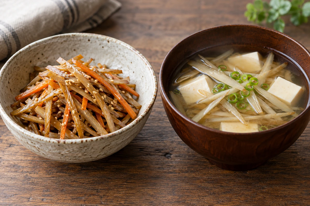 Glazed burdock and carrot kinpira beside burdock soup with tofu Glazed burdock and carrot kinpira beside burdock soup with tofu