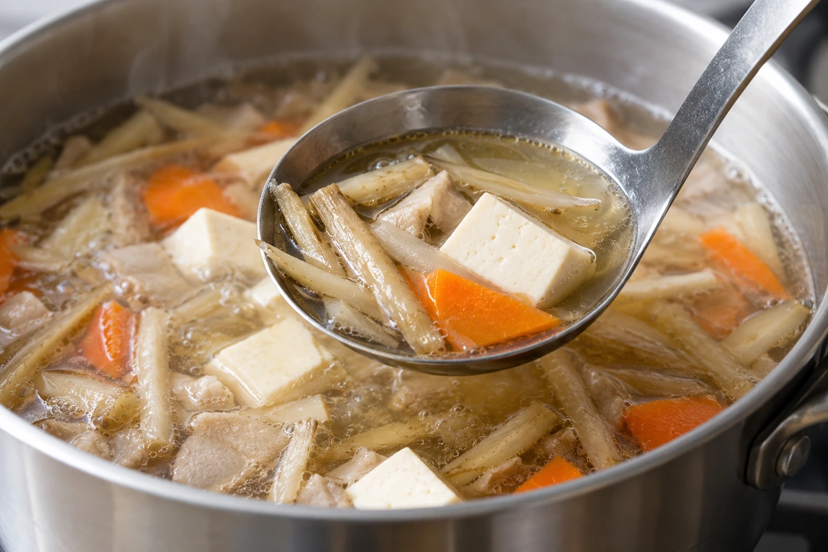 Ladle holding burdock strips, carrot and tofu above a soup pot
