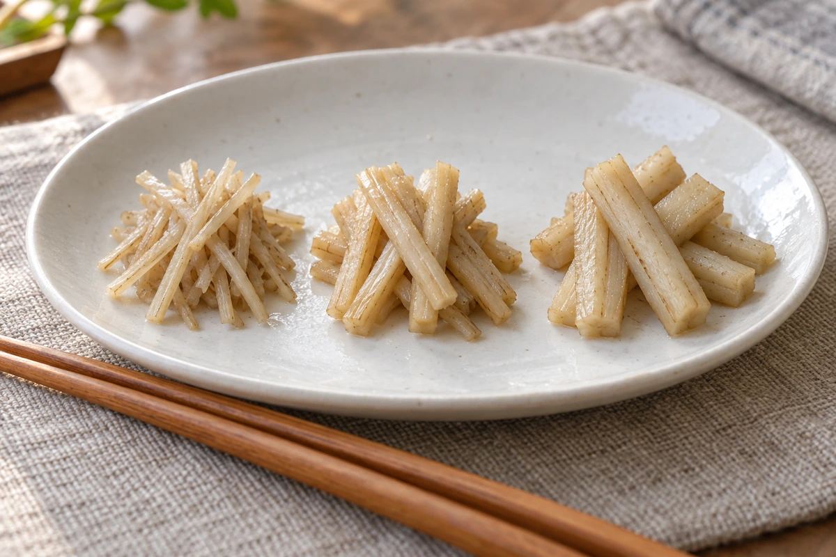 Three small piles of cooked burdock strips in different thicknesses beside chopsticks