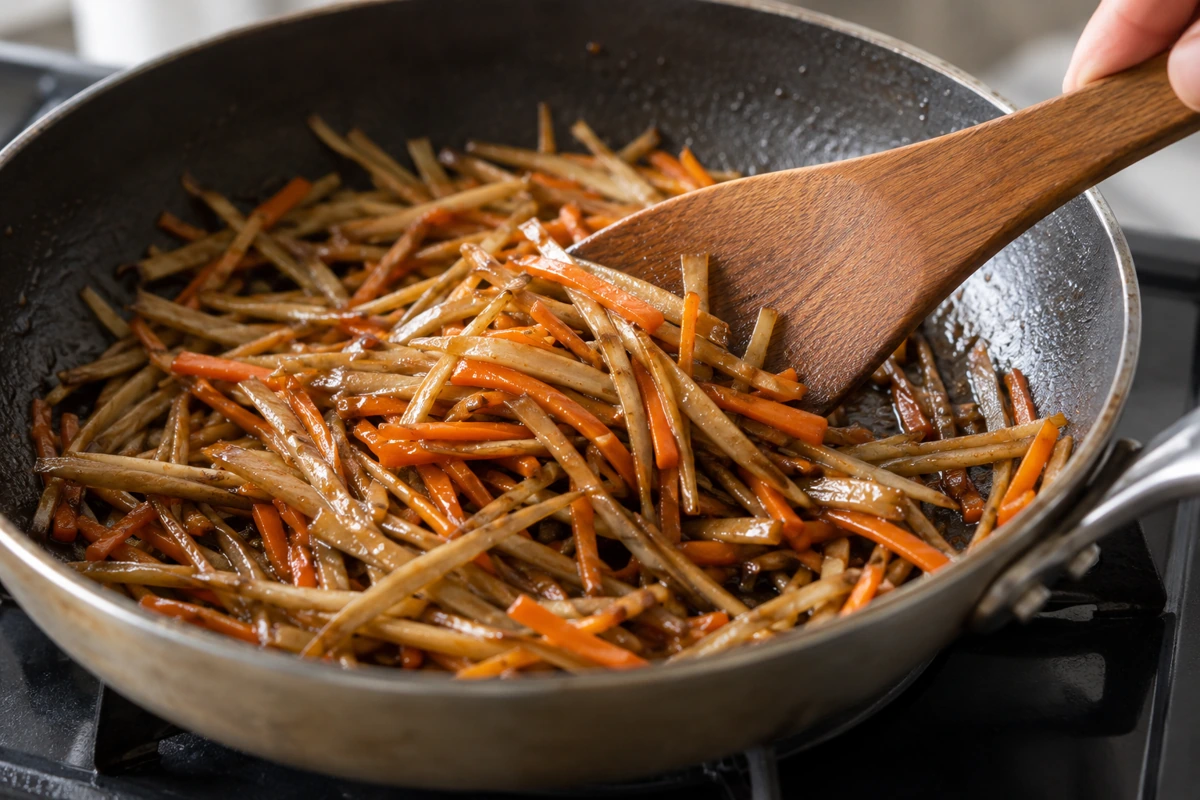 Wooden spatula folding glazed burdock and carrot strips in a pan
