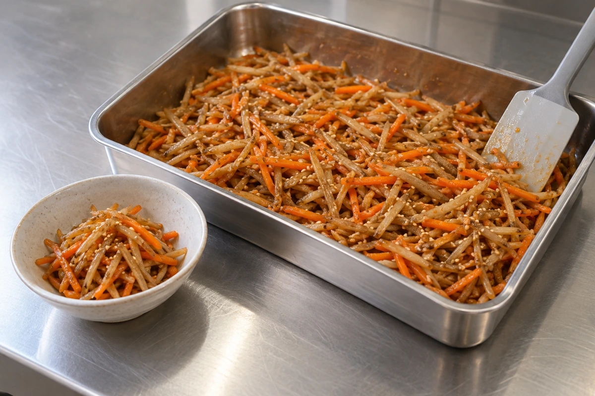 Burdock and carrot kinpira in a stainless service pan and a small bowl