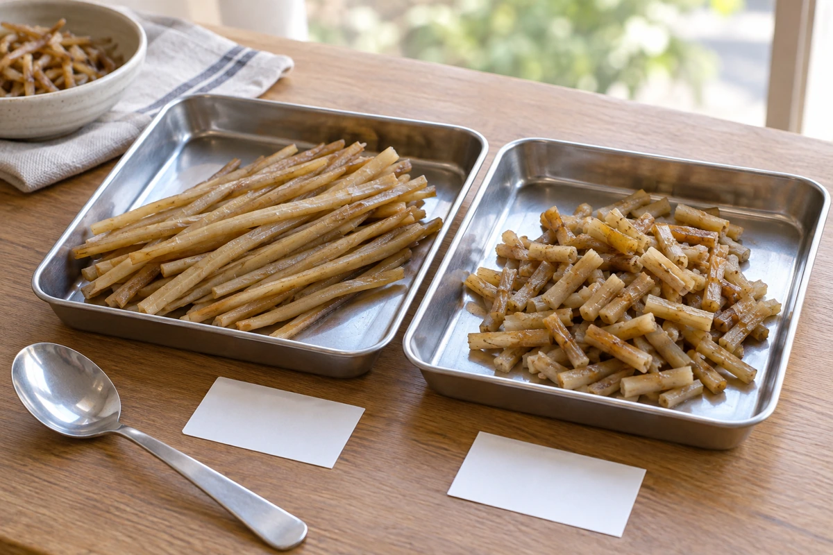 Long burdock strips and short pieces separated into two stainless trays Long burdock strips and short pieces separated into two stainless trays
