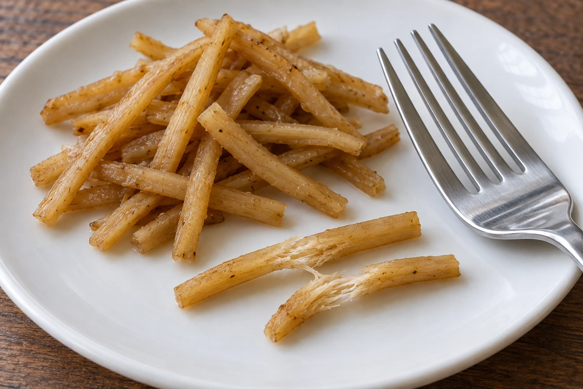 Broken cooked burdock strips exposing fine opaque fibers beside a fork Broken cooked burdock strips exposing fine opaque fibers beside a fork