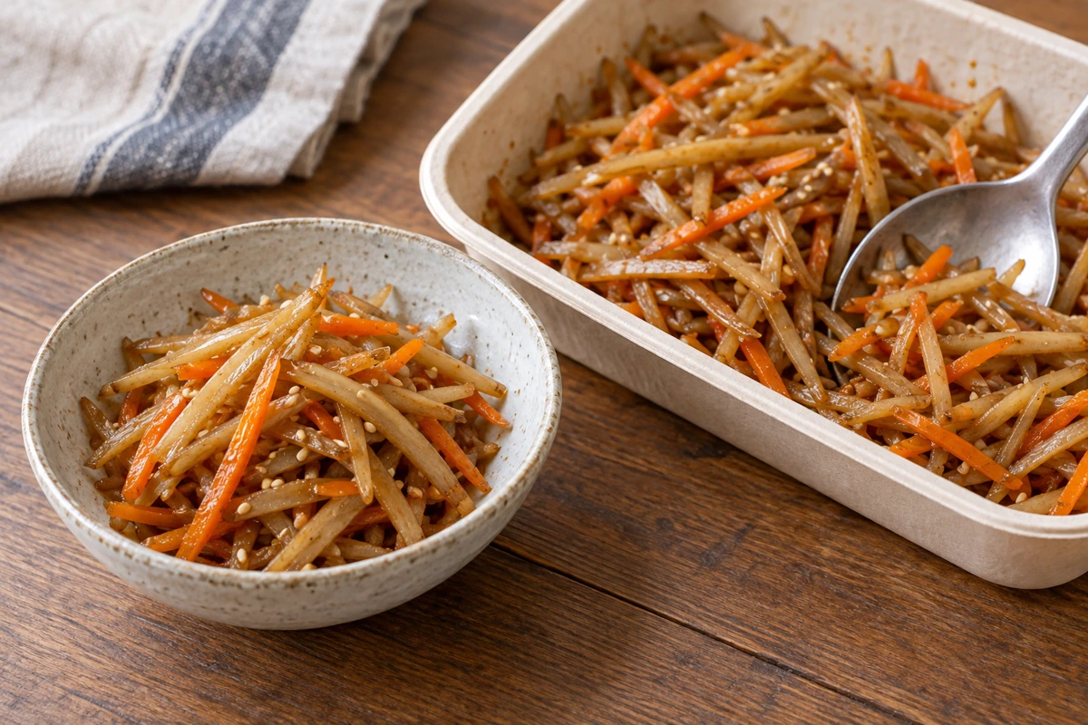 Burdock and carrot side dish in a shallow takeaway container and ceramic bowl Burdock and carrot side dish in a shallow takeaway container and ceramic bowl