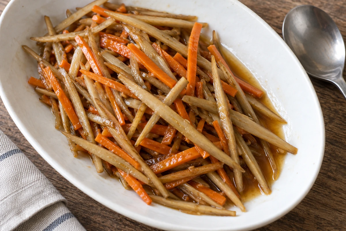 Cooked burdock and carrot strips with brown sauce collecting along one side of a shallow dish Cooked burdock and carrot strips with brown sauce collecting along one side of a shallow dish