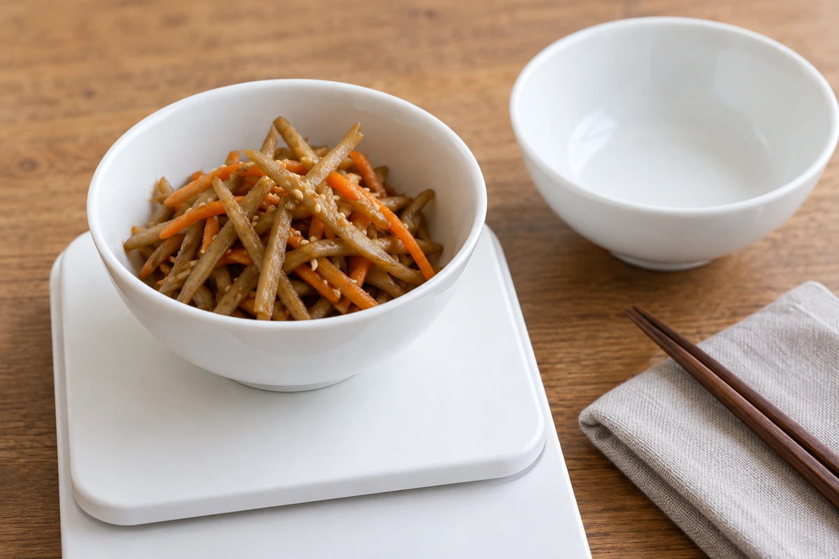 Bowl of prepared burdock on a plain scale platform beside an empty matching bowl Bowl of prepared burdock on a plain scale platform beside an empty matching bowl