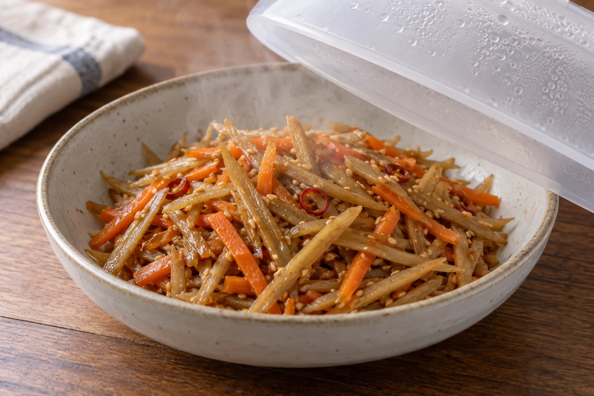 Prepared burdock side dish under a raised cover with visible condensation droplets Prepared burdock side dish under a raised cover with visible condensation droplets