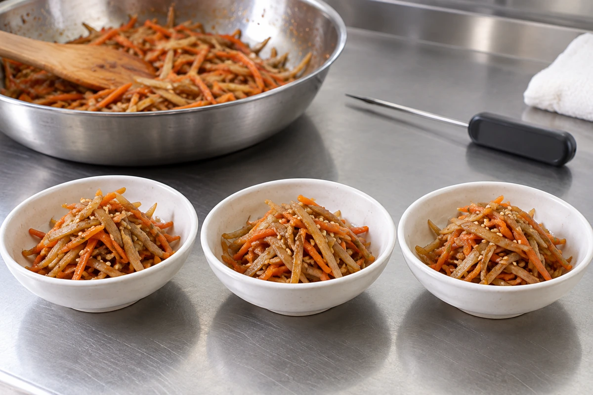 Three small bowls of burdock and carrot beside a pan and probe thermometer Three small bowls of burdock and carrot beside a pan and probe thermometer