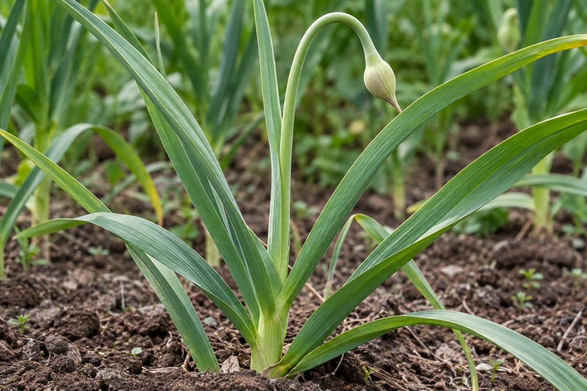 The round curling flower stalk emerges separately from the garlic plant's flat leaves The round curling flower stalk emerges separately from the garlic plant's flat leaves
