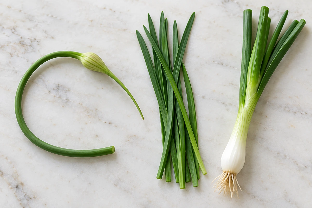 Whole scapes, flat garlic-chive leaves and spring onion have different visible structures Whole scapes, flat garlic-chive leaves and spring onion have different visible structures