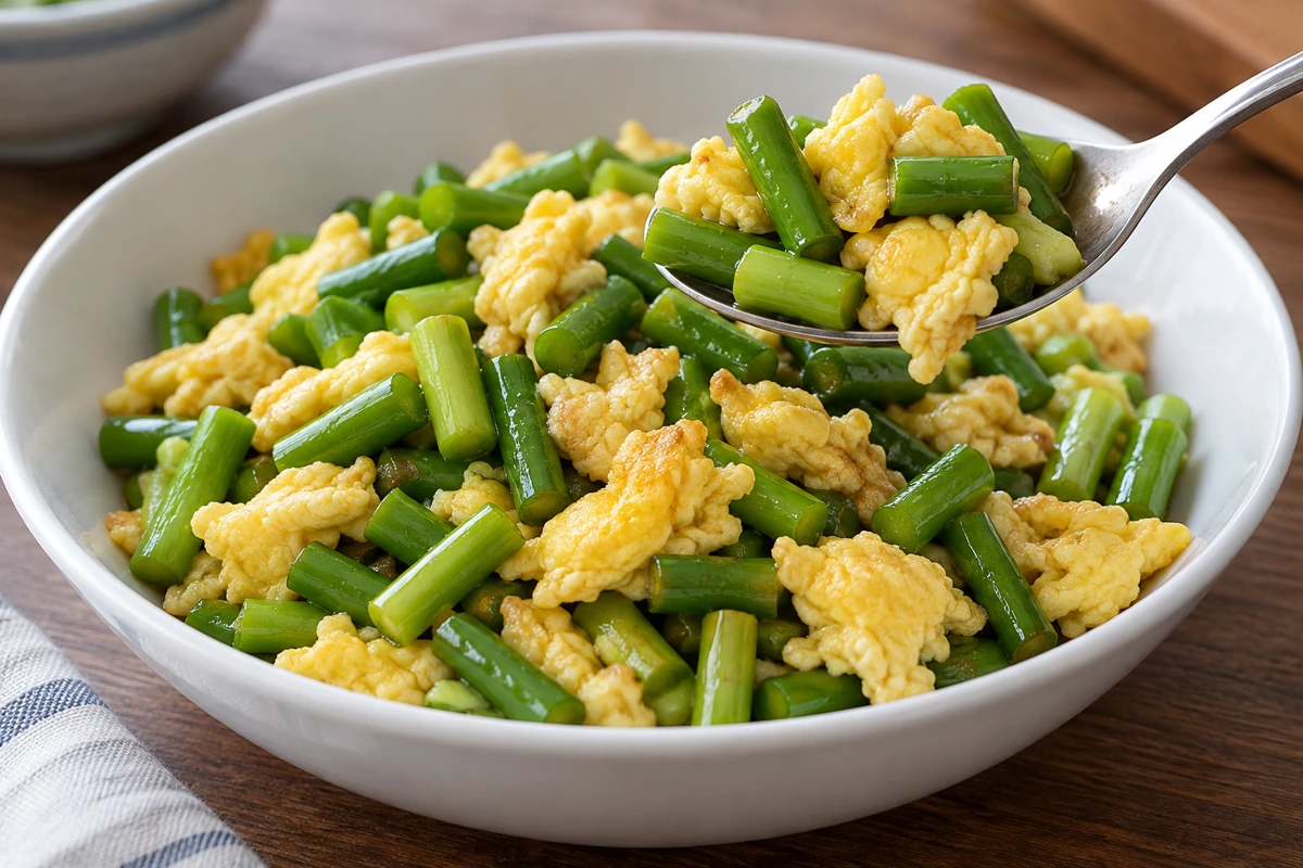 Short green stalk sections distribute through a savory egg mixture Short green stalk sections distribute through a savory egg mixture