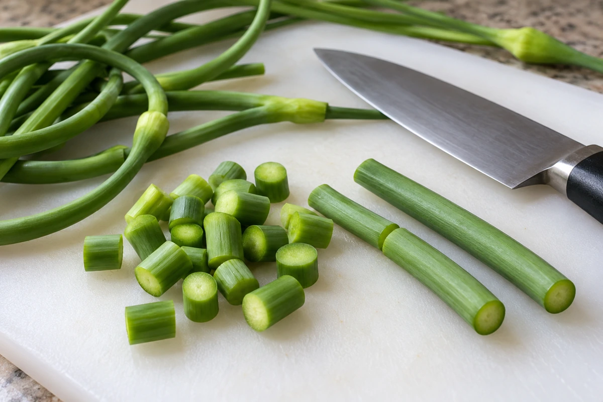 Cross-cut garlic scape pieces on a cutting board Cross-cut garlic scape pieces on a cutting board