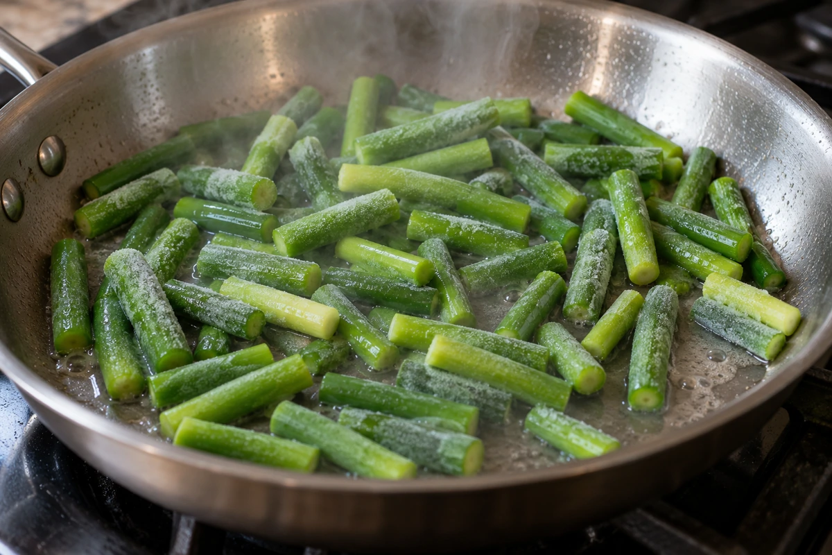 Garlic scape pieces heating with meltwater in a skillet Garlic scape pieces heating with meltwater in a skillet