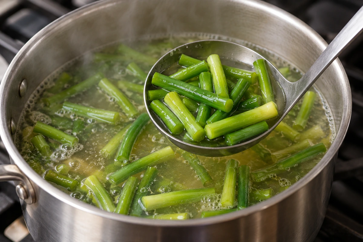 Garlic scape segments cooking in clear broth Garlic scape segments cooking in clear broth