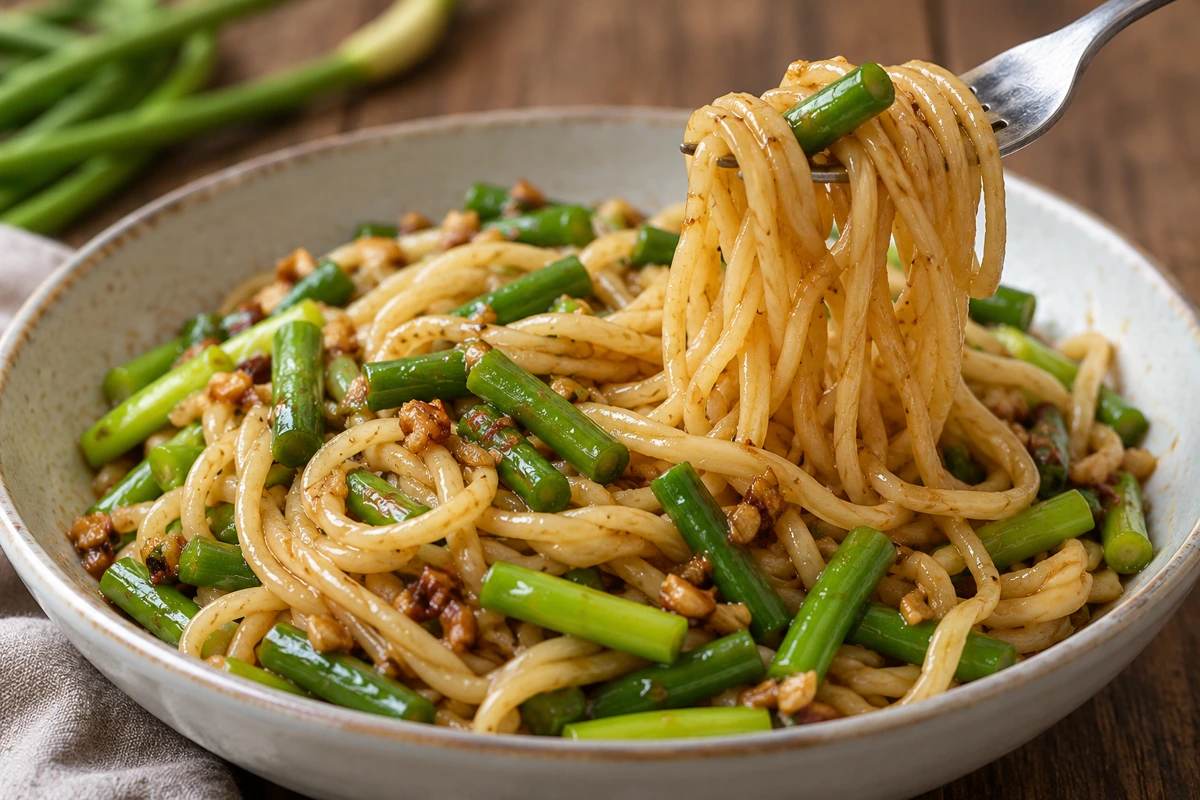 Cooked garlic scapes distributed through noodles Cooked garlic scapes distributed through noodles