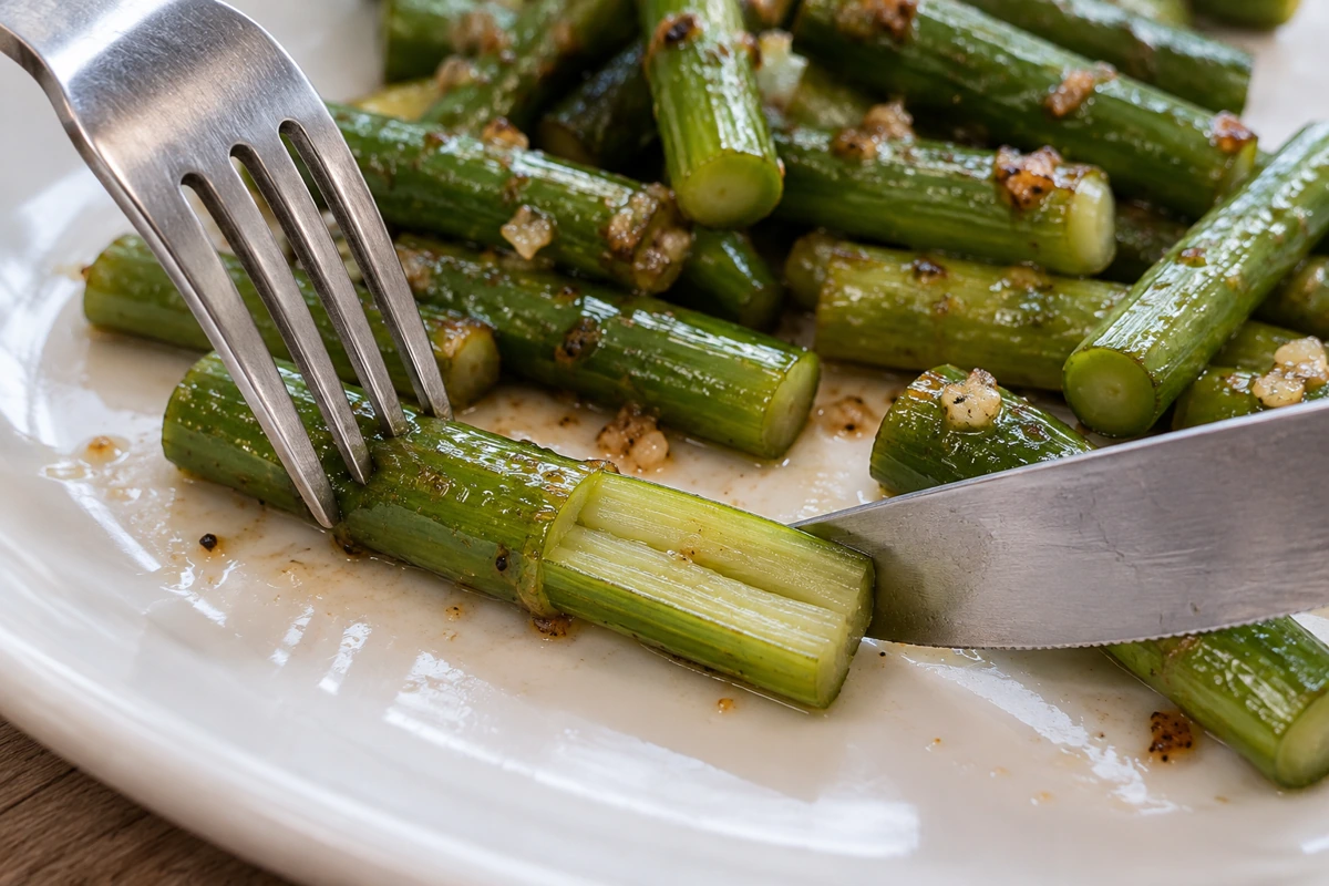 Cooked garlic scape tissue opened with a knife and fork Cooked garlic scape tissue opened with a knife and fork