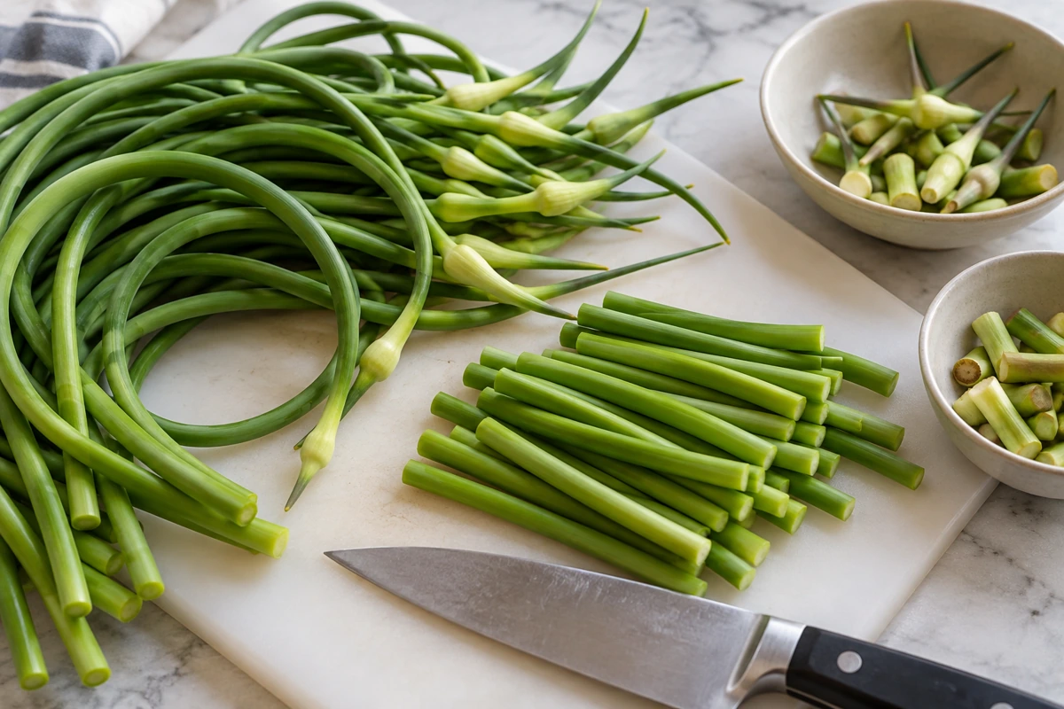 Trimmed garlic scape ends beside usable stalk pieces Trimmed garlic scape ends beside usable stalk pieces