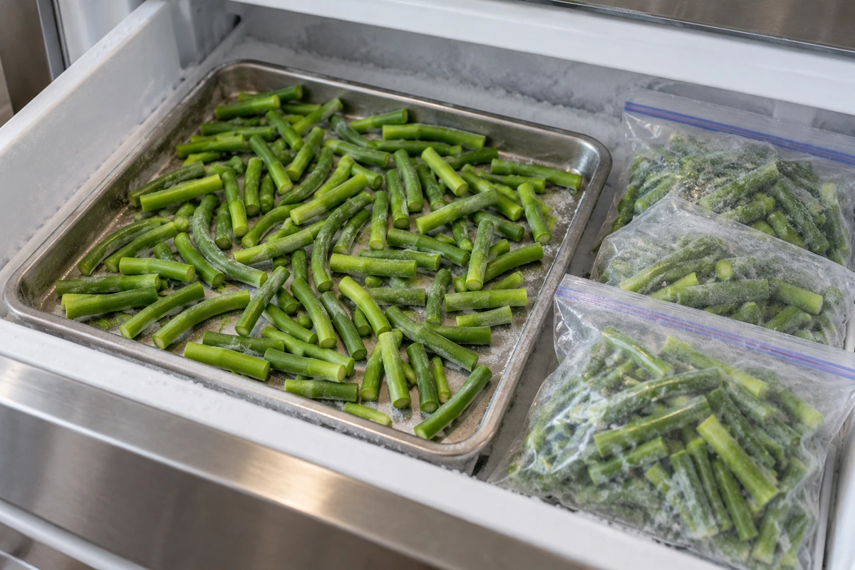 Frozen garlic scape pieces arranged for portioning Frozen garlic scape pieces arranged for portioning
