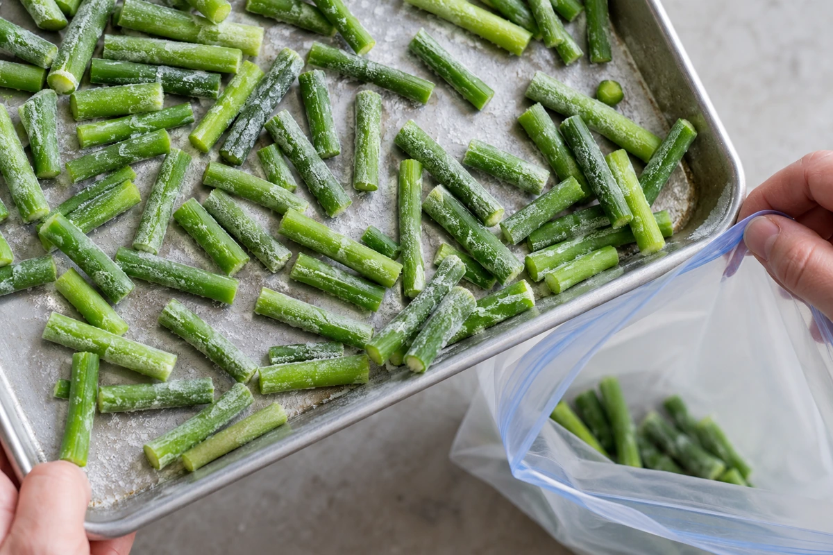 Separated frozen garlic scape pieces on a tray Separated frozen garlic scape pieces on a tray
