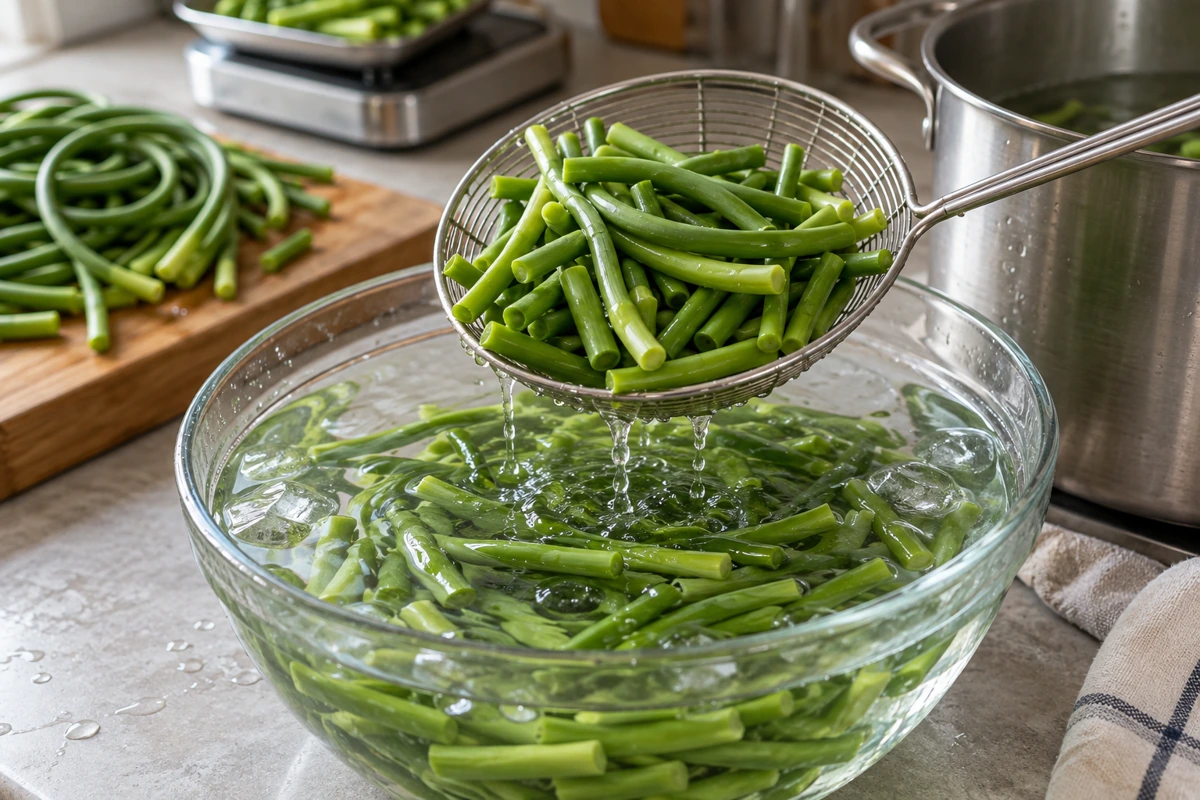Cut garlic scapes draining after cooling Cut garlic scapes draining after cooling