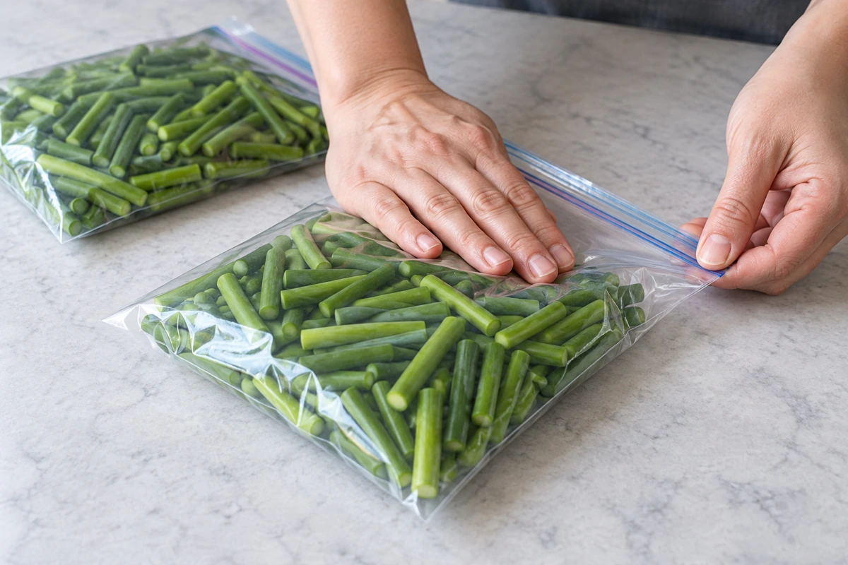 Clear freezer bag being closed around garlic scape pieces Clear freezer bag being closed around garlic scape pieces
