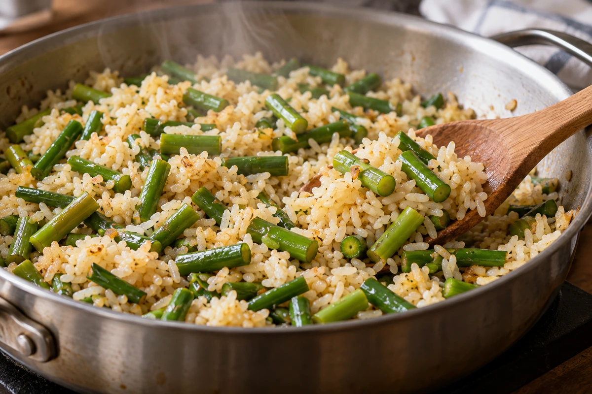 Cooked rice with short garlic scape pieces Cooked rice with short garlic scape pieces