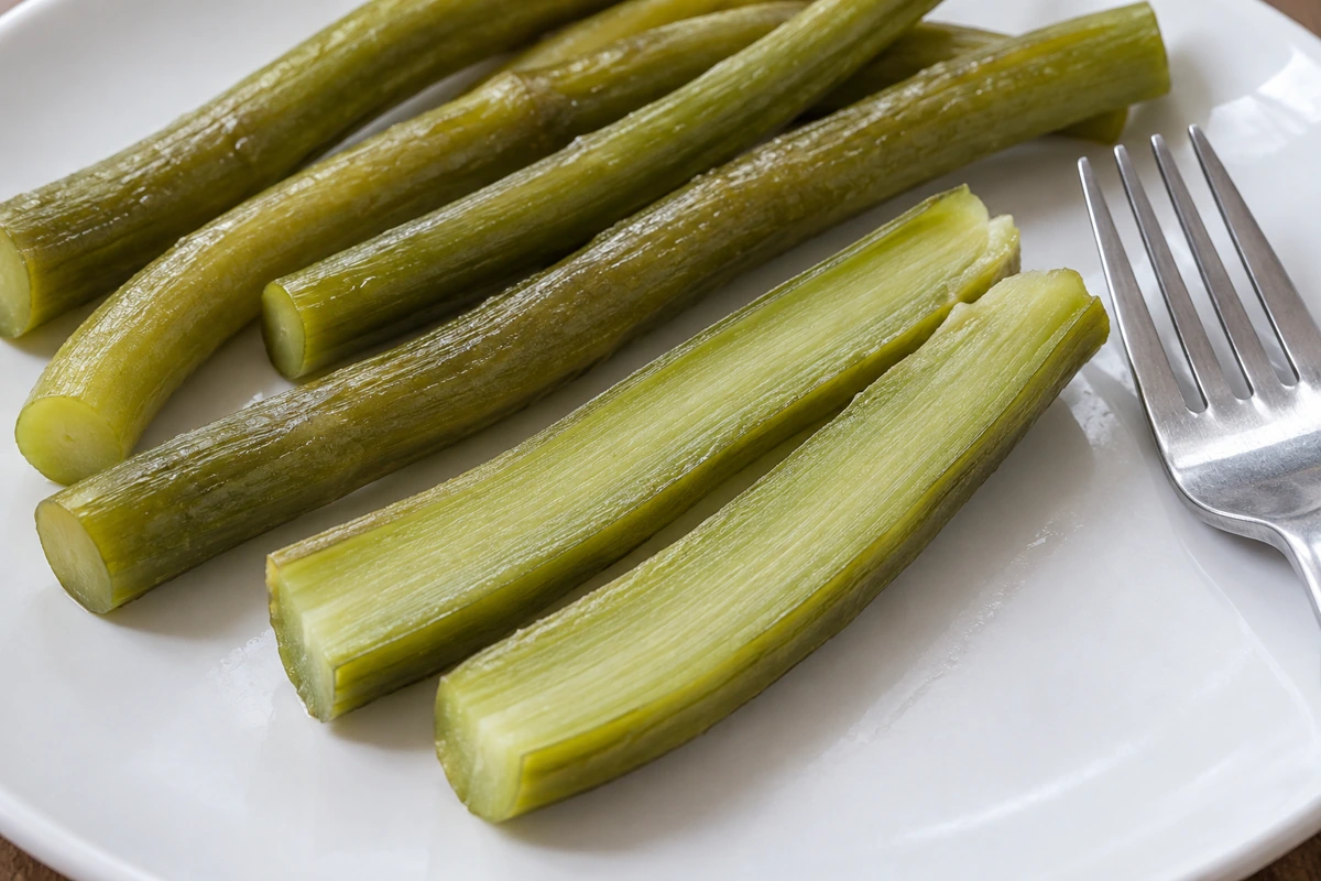 Cooked garlic scape stalk split lengthwise for inspection Cooked garlic scape stalk split lengthwise for inspection