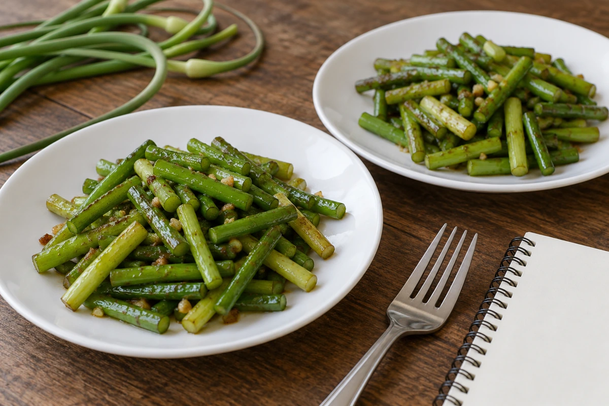 Two cooked garlic scape portions prepared for comparison Two cooked garlic scape portions prepared for comparison