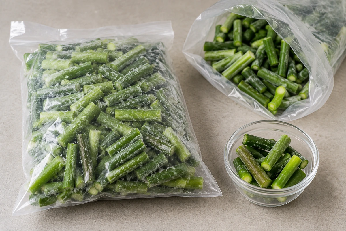 Frozen garlic scape bag beside a reserved sample Frozen garlic scape bag beside a reserved sample