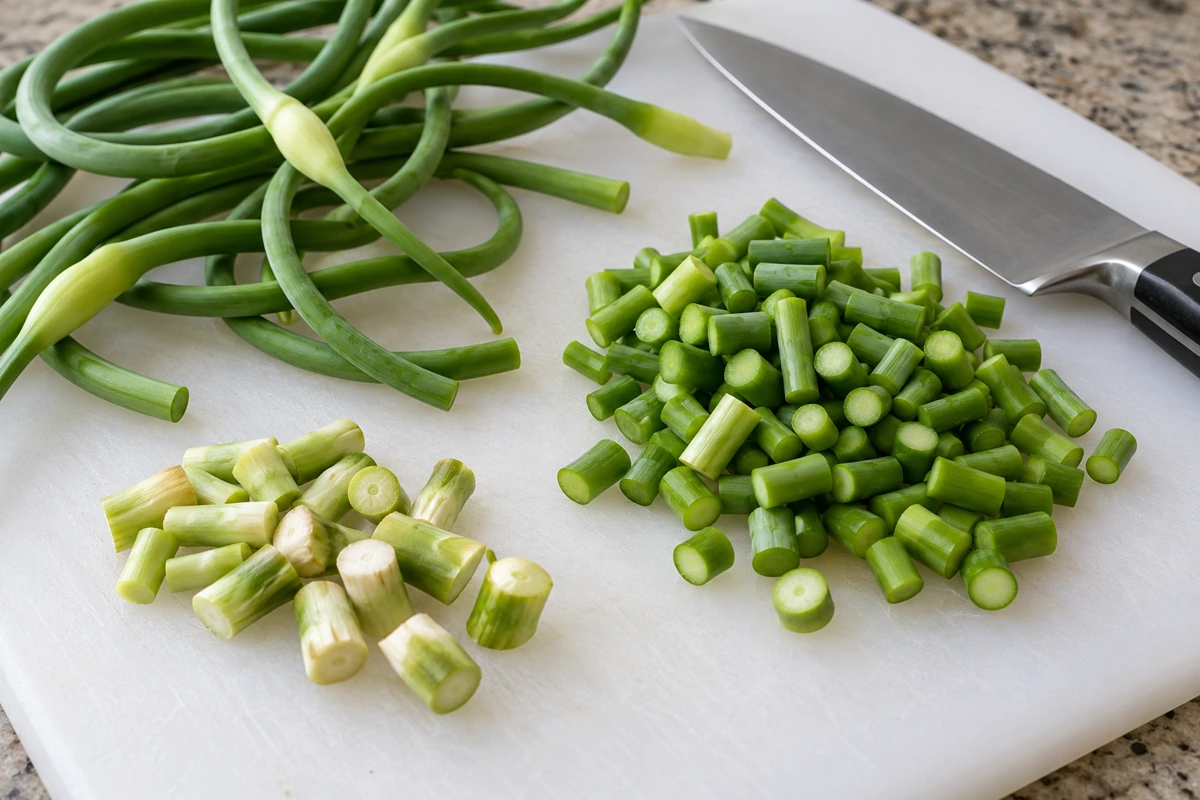 Trimmed garlic scape material prepared for pesto Trimmed garlic scape material prepared for pesto