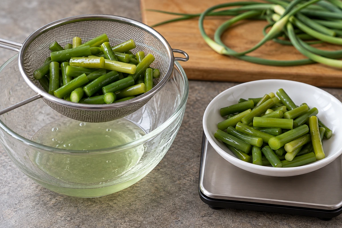 Prepared garlic scapes draining above collected liquid Prepared garlic scapes draining above collected liquid