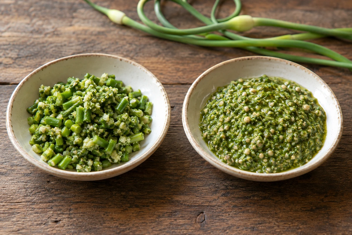 Coarse scape material and finer pesto in separate dishes Coarse scape material and finer pesto in separate dishes