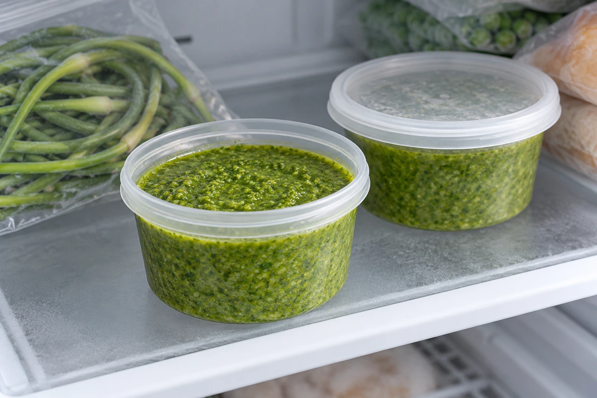 Small containers of garlic scape pesto in frozen storage Small containers of garlic scape pesto in frozen storage