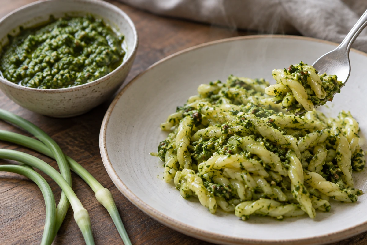 Pasta coated with garlic scape pesto Pasta coated with garlic scape pesto