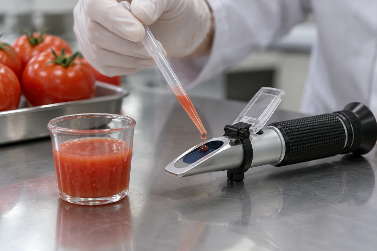 Tomato sample beside a refractometer