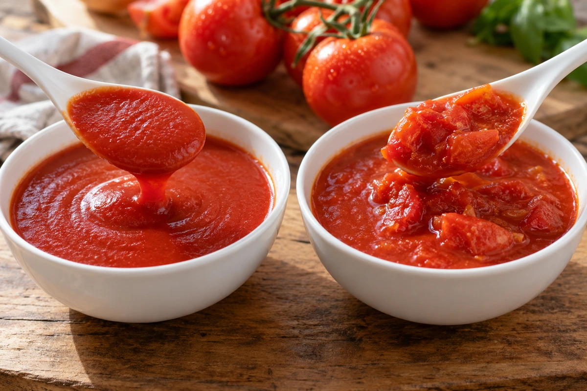 Smooth tomato sauce beside sauce containing tomato pieces