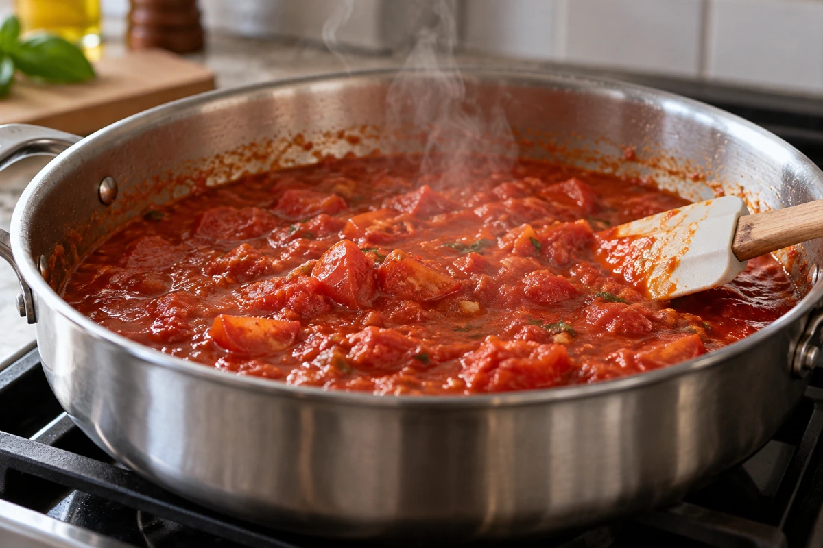 Tomato sauce simmering in a shallow saucepan